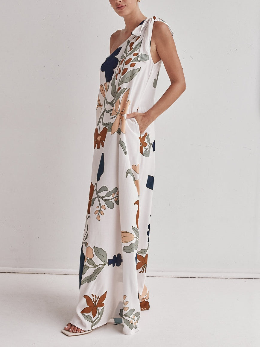 Printed One-Shoulder Maxi Dress