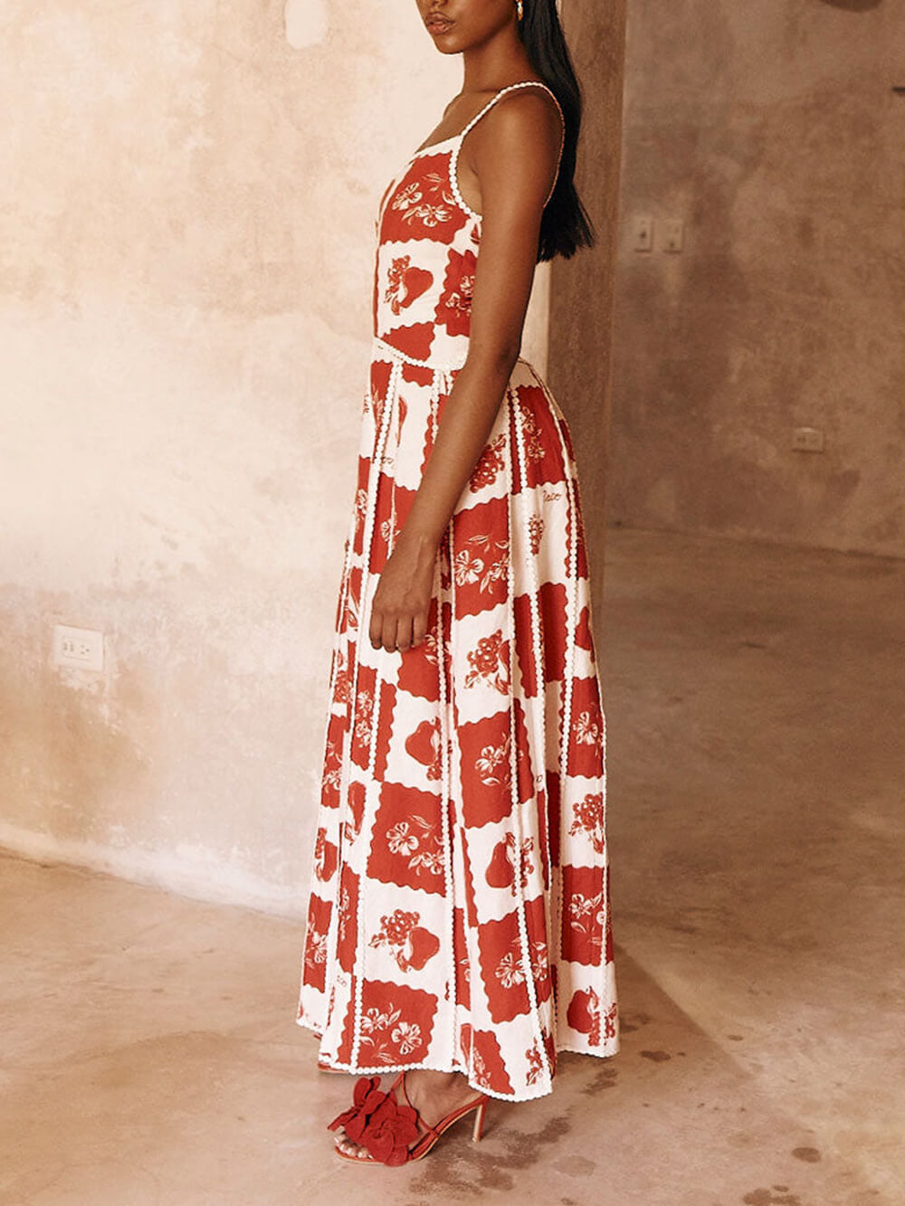 Unique Printed Floral Trim One Shoulder Flared Maxi Dress